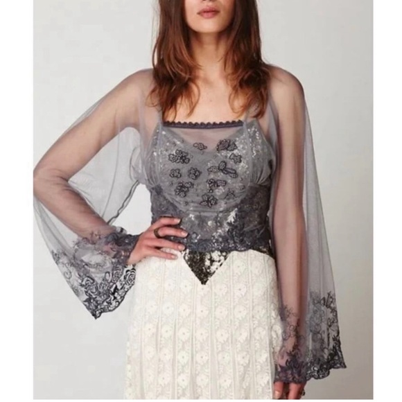 Free People Tops - Free People Show Pony Lady Pewter Beaded Mesh Top Sz L